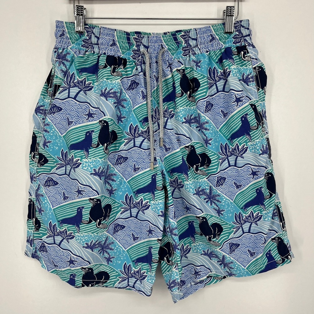 Vilebrequin Mens Blue Sea Lion Palm Tree Print Swim Trunks Size XL